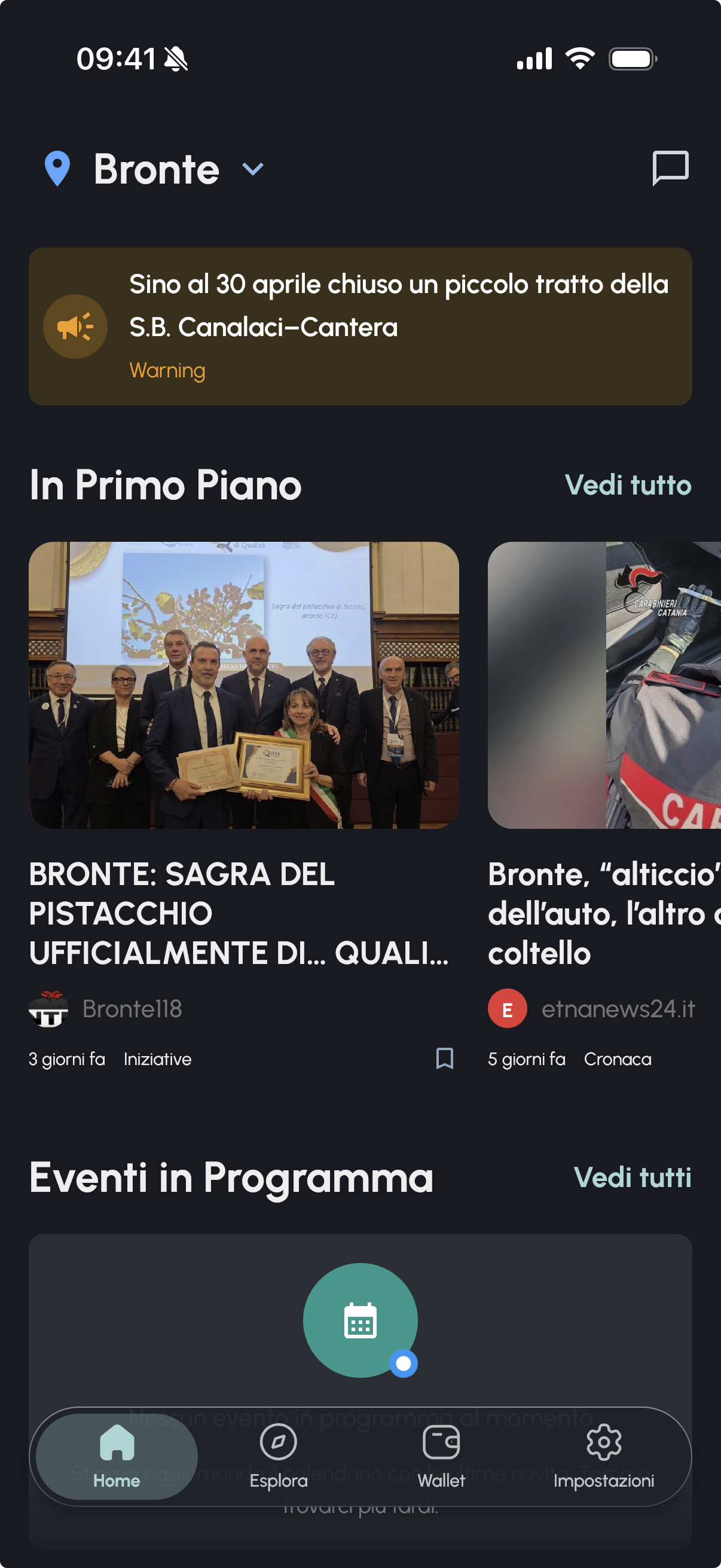 Schermata home di Etna+ con avvisi e notizie locali