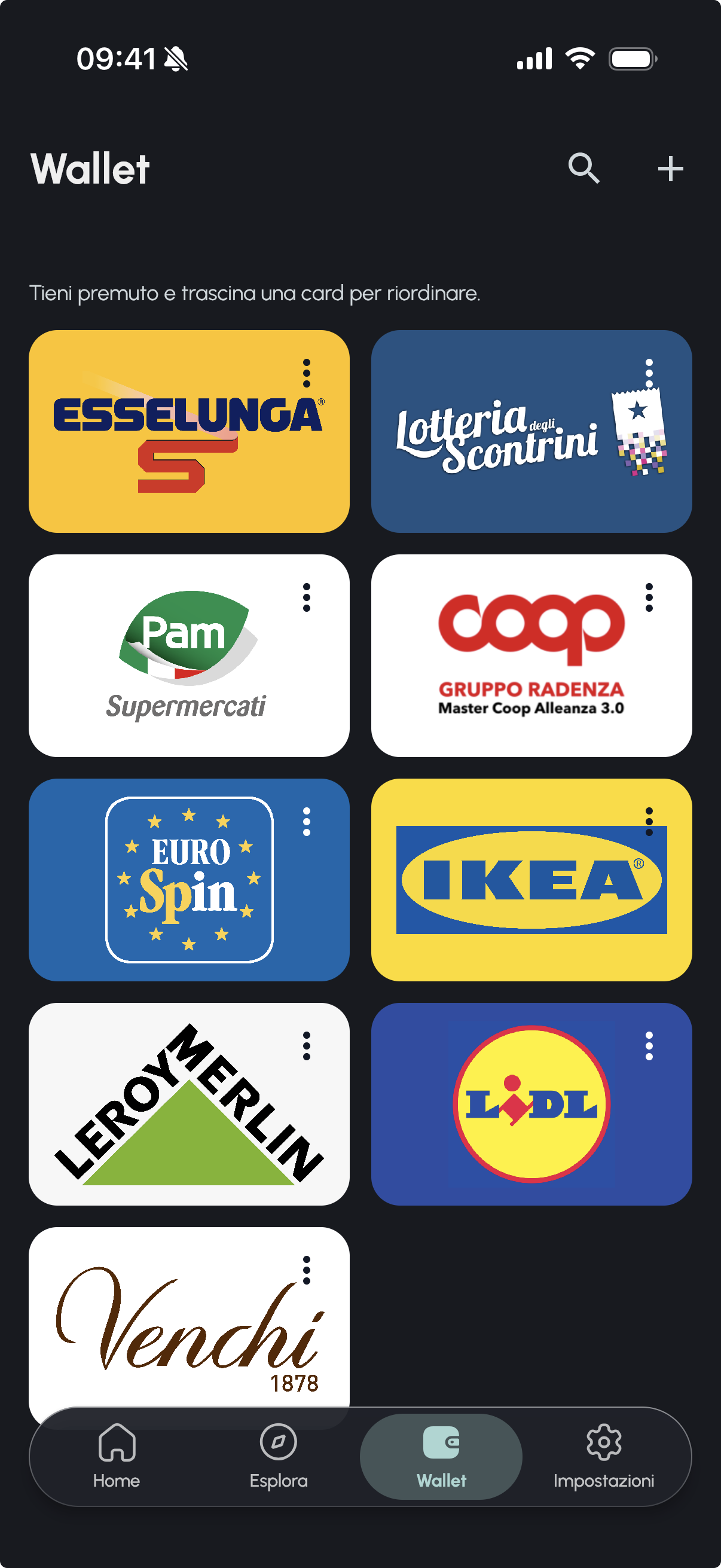 Schermata wallet di Etna+ con carte fedelta salvate